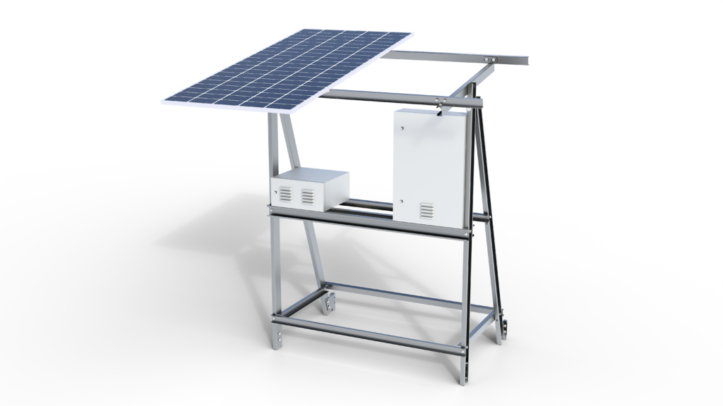 Representação da estrutura SIGFI com apoio para módulo fotovoltaico e equipamentos.